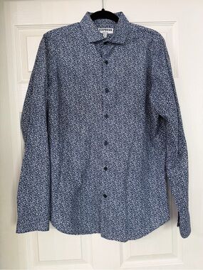 Men’s Navy and White Floral Extra Slim Dress Shirt Medium